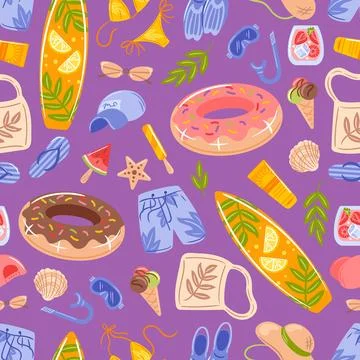 A Seamless pattern featuring summer related icons such as swimwear, surfboards Stock Illustration