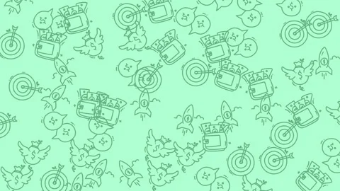 Seamless pattern featuring targets, wallets, rockets, and birds. Ideal for fabri Vídeo Stock 333576148