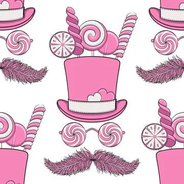 Seamless pattern featuring top hat, lollipop glasses Stock Illustration