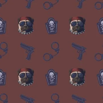 A seamless pattern featuring a tough-looking dog in sunglasses and a bandana. Stock Illustration