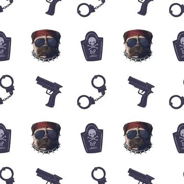 A seamless pattern featuring a tough-looking dog in sunglasses and a bandana. Stock Illustration