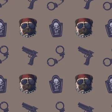 A seamless pattern featuring a tough-looking dog in sunglasses and a bandana. Stock Illustration