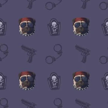 A seamless pattern featuring a tough-looking dog in sunglasses and a bandana. Stock Illustration