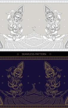 Seamless pattern featuring traditional Thai dancers in elaborate attire. 스톡 일러스트