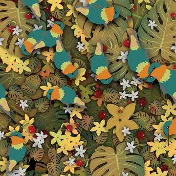 Seamless pattern featuring a variety of flower sprinkles and colorful birds Stock Illustration