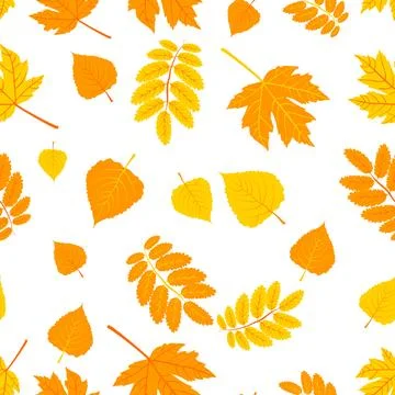 A seamless pattern featuring various autumn leaves in shades of orange and Stock Illustration