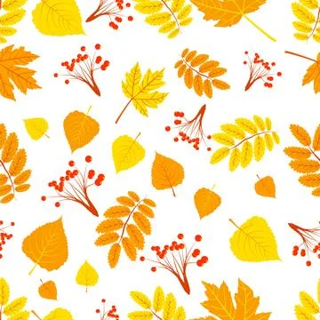 A seamless pattern featuring various autumn leaves and berries, designed in a Stock Illustration