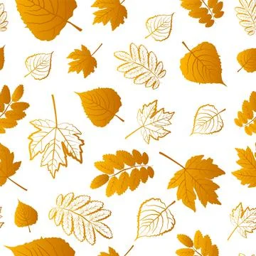 A seamless pattern featuring various autumn leaves in shades of yellow and gold Stock Illustration