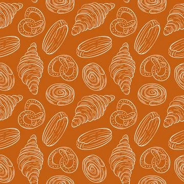 Seamless pattern featuring various bakery food croissant, pretzel, eclair and Stock Illustration