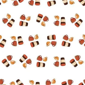 Seamless Pattern Featuring Various Coffee Cups and Takeaway Mugs on White B.. Stock Illustration