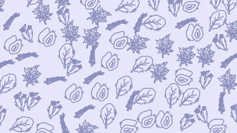 A seamless pattern featuring various hand-drawn vegetables and leaves on a .. Stock Footage 319585817