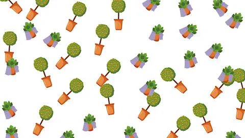 Seamless pattern featuring various potted plants and small orange trees on .. Illustrazione stock
