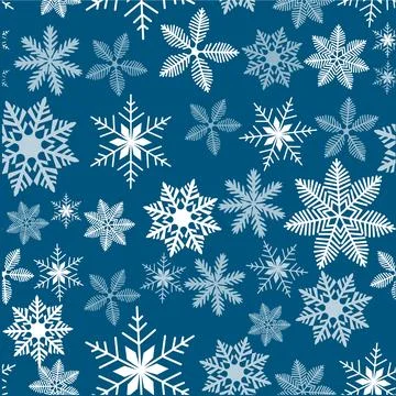 Seamless pattern featuring various white snowflakes on a blue background. Winter Stock Illustration