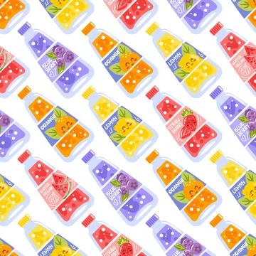 A seamless pattern featuring vibrant bottles filled with various sodas Stock Illustration