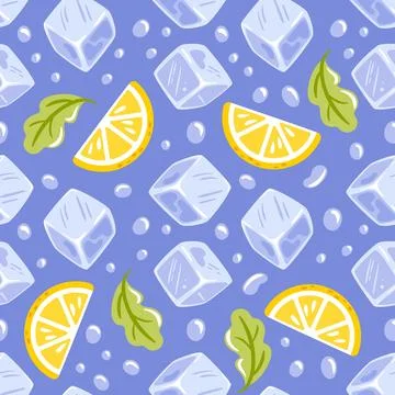 Seamless pattern featuring vibrant lemon slices, ice cubes, refreshing mint Illustrazione stock