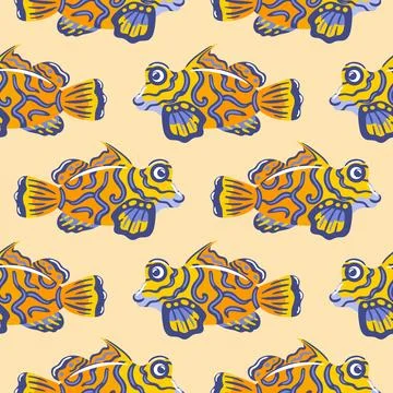 A seamless pattern featuring the vibrant mandarinfish, showing its bright blu Stock Illustration