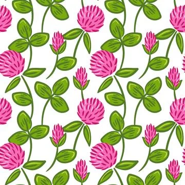 A seamless pattern featuring vibrant red clover flowers surrounded by lush green Stock Illustration