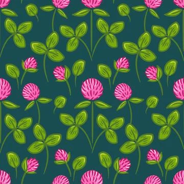 A seamless pattern featuring vibrant red clover flowers and lush green leaves Stock Illustration