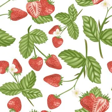 Seamless pattern featuring vibrant red strawberries, green leaves, and smal.. Stock Illustration