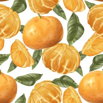 Seamless pattern featuring vibrant tangerines and green leaves, showcasing wh Stock Illustration