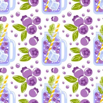 A seamless pattern featuring vintage glass drinking jars filled with blueberry Stock Illustration