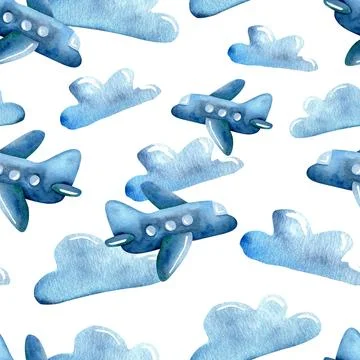 Seamless pattern featuring watercolor airplanes and clouds on a white backg.. Stock Illustration