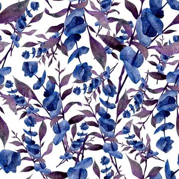 A seamless pattern featuring watercolor blue and purple flowers and leaves on Stock Illustration