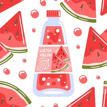Seamless pattern featuring watermelon soda in a glass bottle, complemented by Stock Illustration