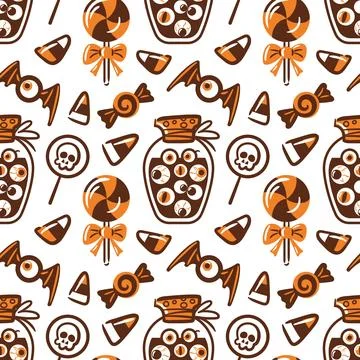 Seamless pattern featuring a whimsical jar filled, candies shaped like eyes Stock Illustration
