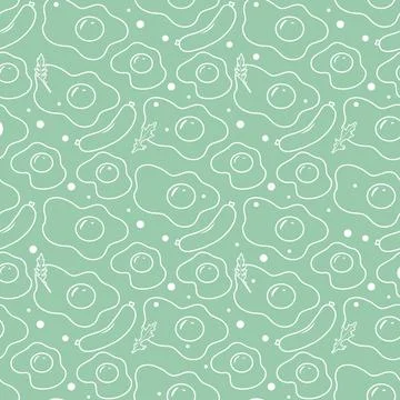 Seamless pattern featuring white outlines of eggs, sausages, and herbs on g.. Stock Illustration