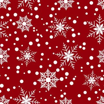 Seamless pattern featuring white snowflakes and dots on a red background Stock Illustration