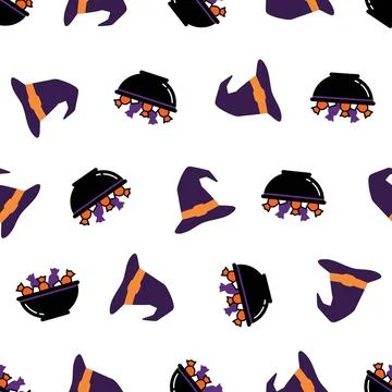 Seamless Pattern Featuring Witch Hats and Cauldrons Filled With Halloween C.. Stock Illustration