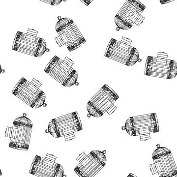 Seamless pattern feeder birdcage sketch hand drawn Illustrazione stock