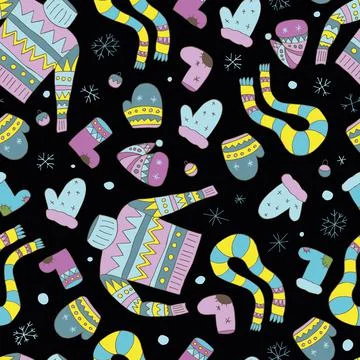 Seamless pattern with felt boots and mittens. Vector. Stock Illustration