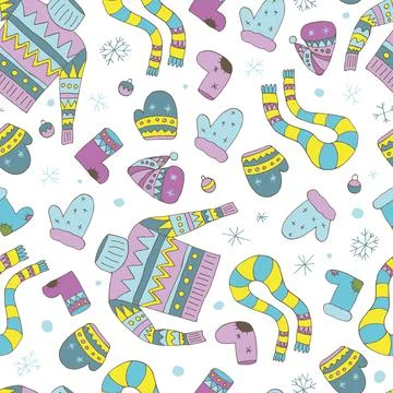 Seamless pattern with felt boots and mittens. Vector. Stock Illustration