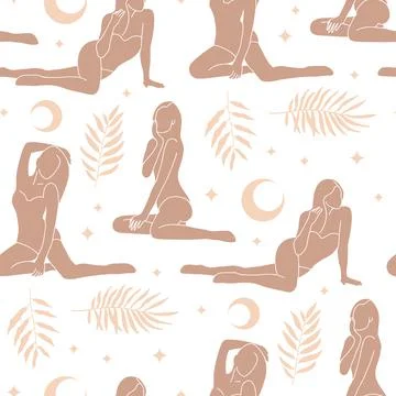 Seamless pattern with female characters body silhouettes ,mystic occult moon Stock Illustration