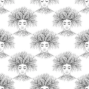 Seamless pattern of female face with tree branches forming her hair, symbol.. Stock Illustration