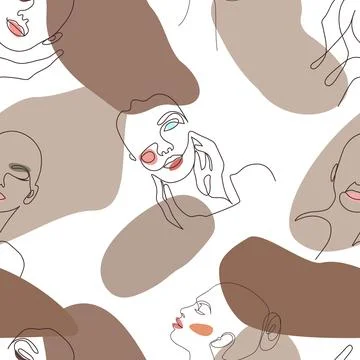 Seamless pattern with female faces and cosmetics. Stock Illustration