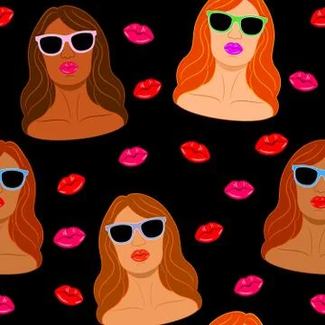 Seamless pattern of Female faces of diverse ethnicity with pout lips Stock Illustration