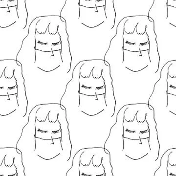Seamless pattern female faces in mask hand drawn Stock Illustration