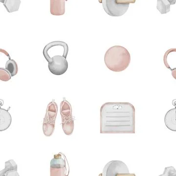 Seamless Pattern with female Fitness exercise equipment. Hand drawn watercolor Stock Illustration