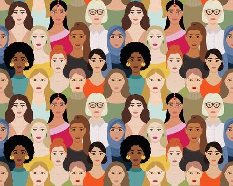 Seamless pattern of female multinational diverse faces. International Womens  Stock Illustration