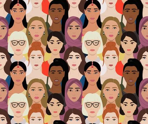 Seamless pattern of female multinational diverse faces. International Womens  Stock Illustration