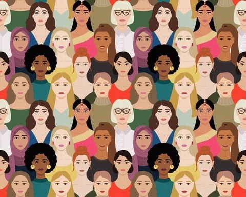 Seamless pattern of female multinational diverse faces. International Womens  Stock Illustration