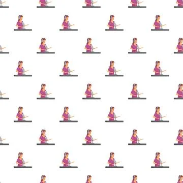 Seamless pattern of female podcast host with microphone in studio Stock Illustration