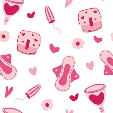 Seamless pattern with feminine hygiene items. Wallpaper with menstruation, ta Stock Illustration