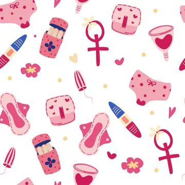 Seamless pattern with feminine hygiene items. Wallpaper with menstruation, ta Stock Illustration