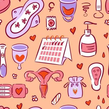 Seamless pattern of feminine hygiene items in hand-drawn style. Menstrual cups Stock Illustration