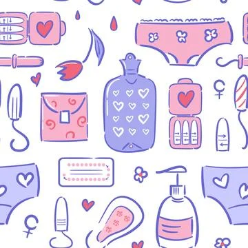 Seamless pattern of feminine hygiene items in hand-drawn style. Menstrual Stock Illustration