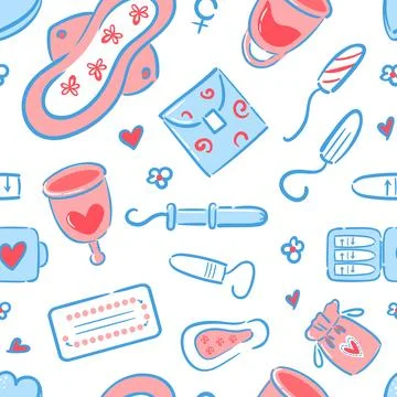 Seamless pattern of feminine hygiene items in hand-drawn style. Menstrual cups Stock Illustration